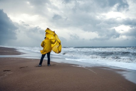 Man on windy beach